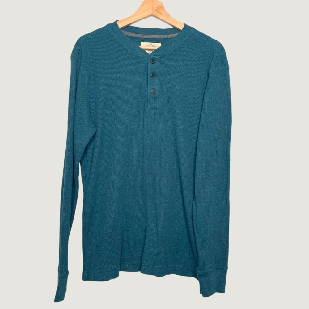 St Johns Bay Mens Teal Blue Waffle Knit Henley Long Sleeve Thermal Shirt Large